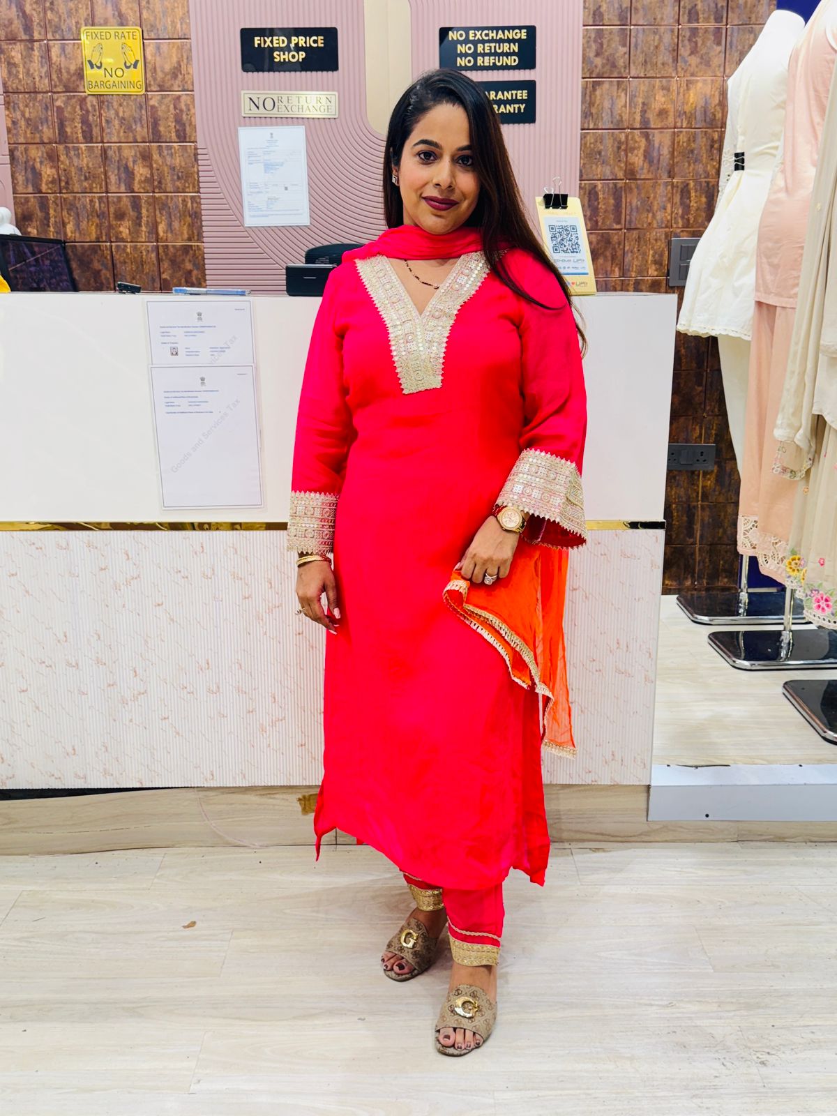 Hot Pink Stitched Suit Set with Mirror Neckline & Ombre Dupatta