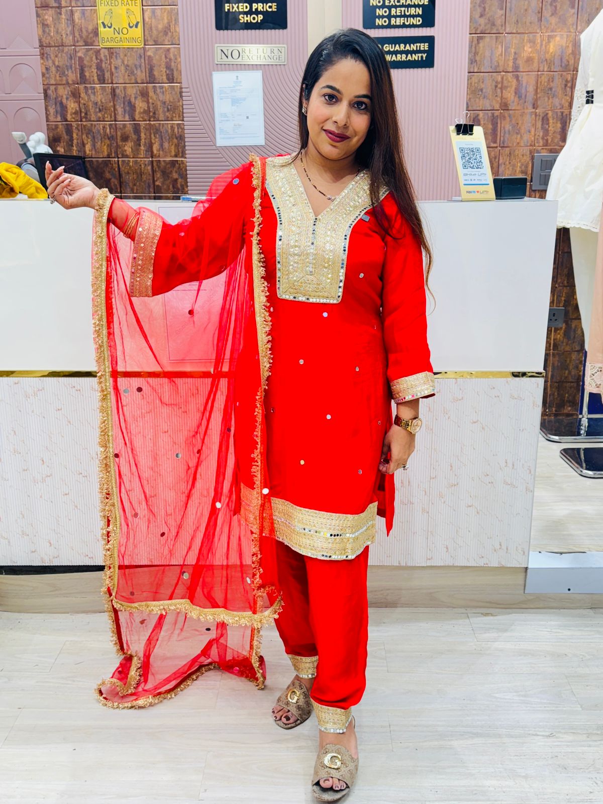 Red Mirror Work Stitched Suit with Net Dupatta