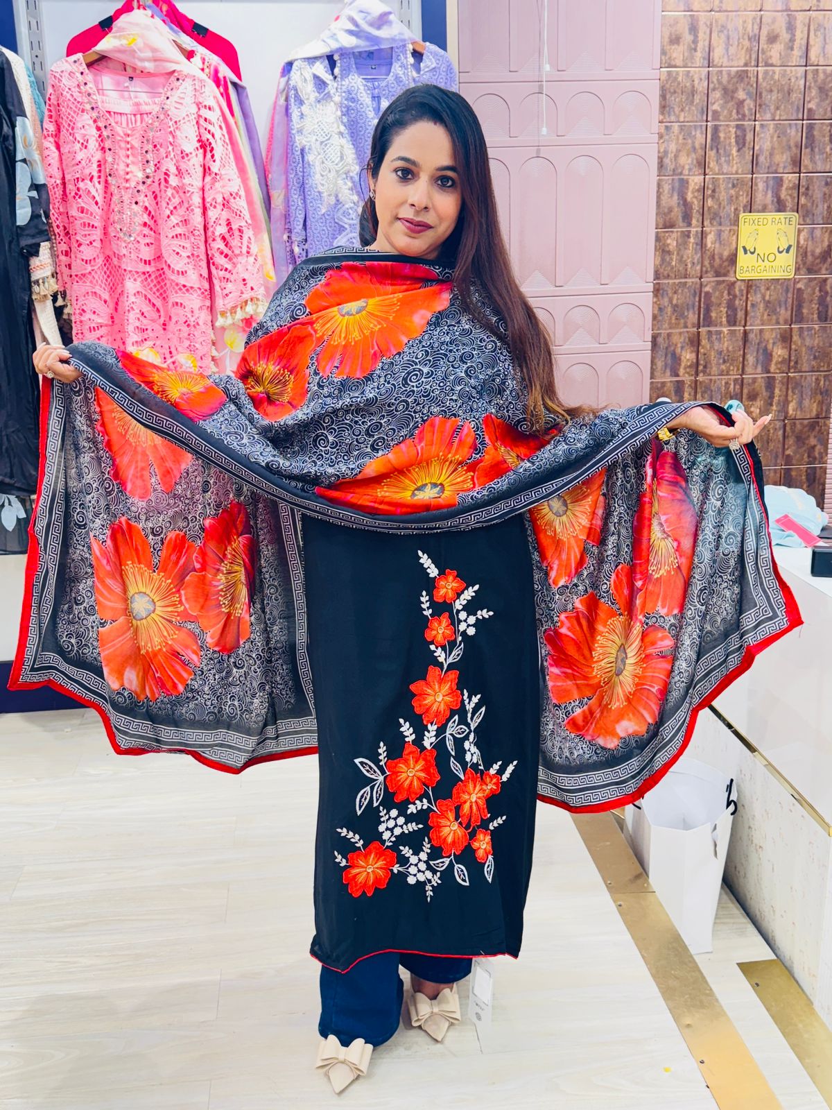 Black Unstitched Suit Set with Vibrant Floral Embroidery & Colorful Dupatta