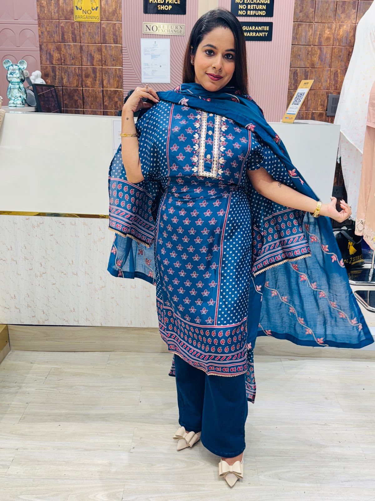 Blue Printed Unstitched Suit Set with Embellished Neckline