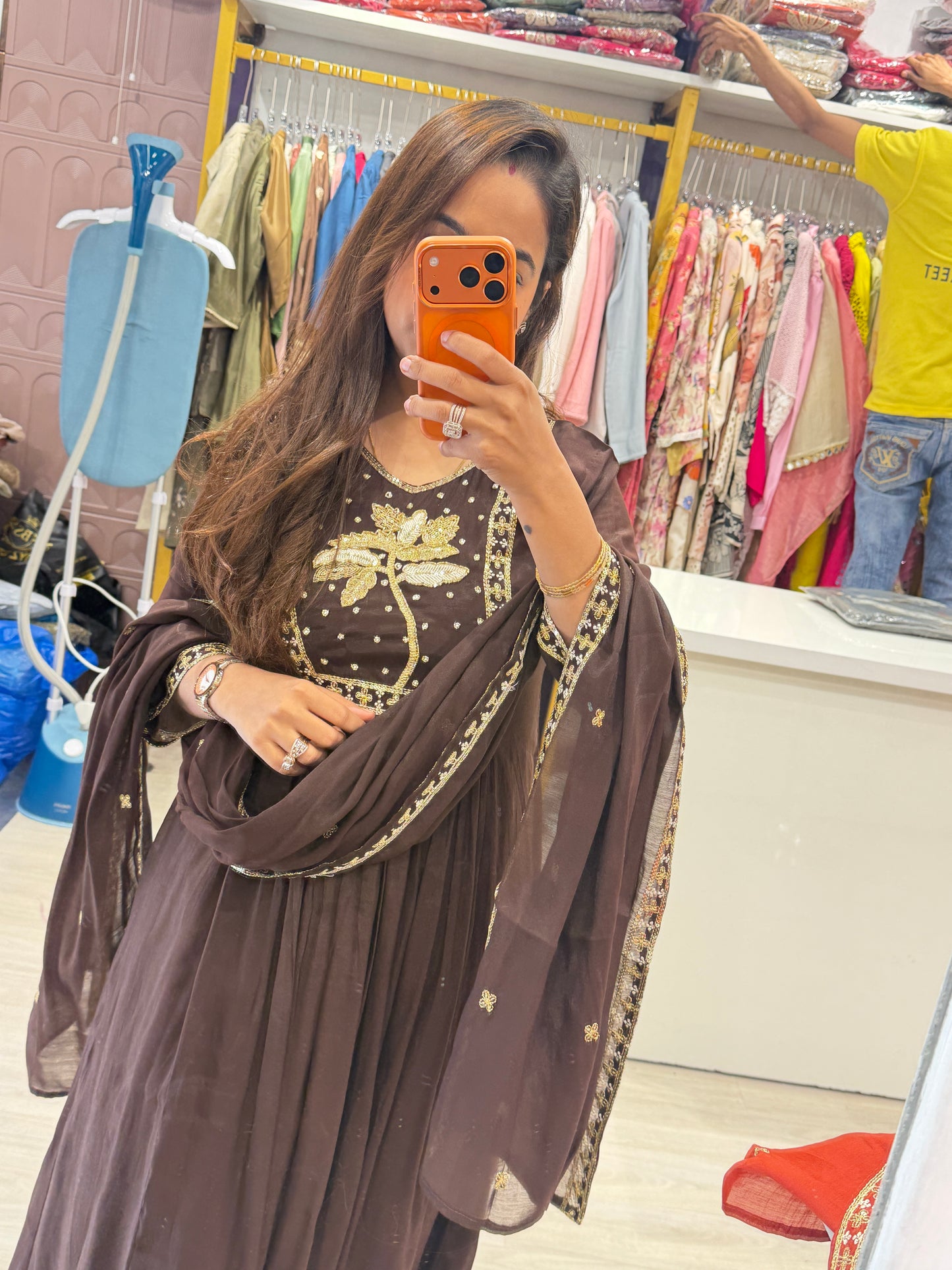 "Mohilya Blackish Brown" - Festive Cotton Suit Set with Gold Floral Embroidery