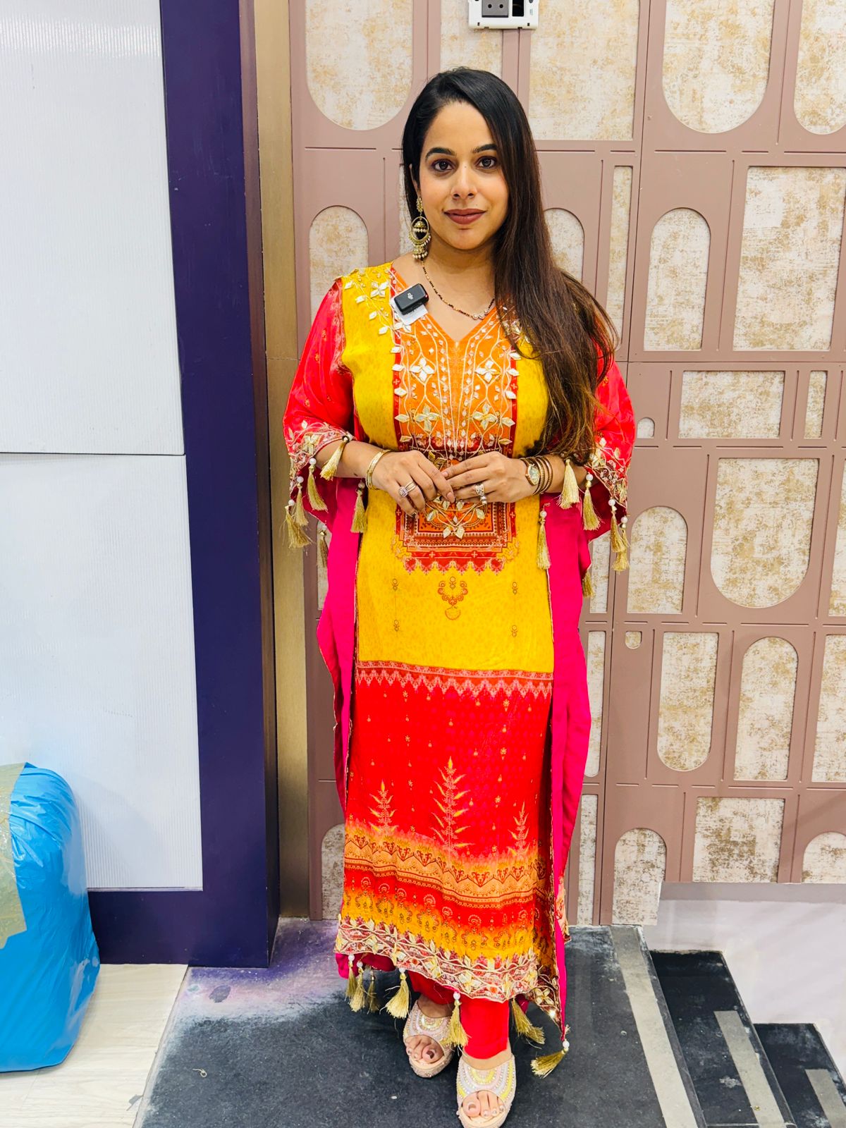Yellow & Red Ombre Kaftan Suit with Mirror & Thread Embroidery