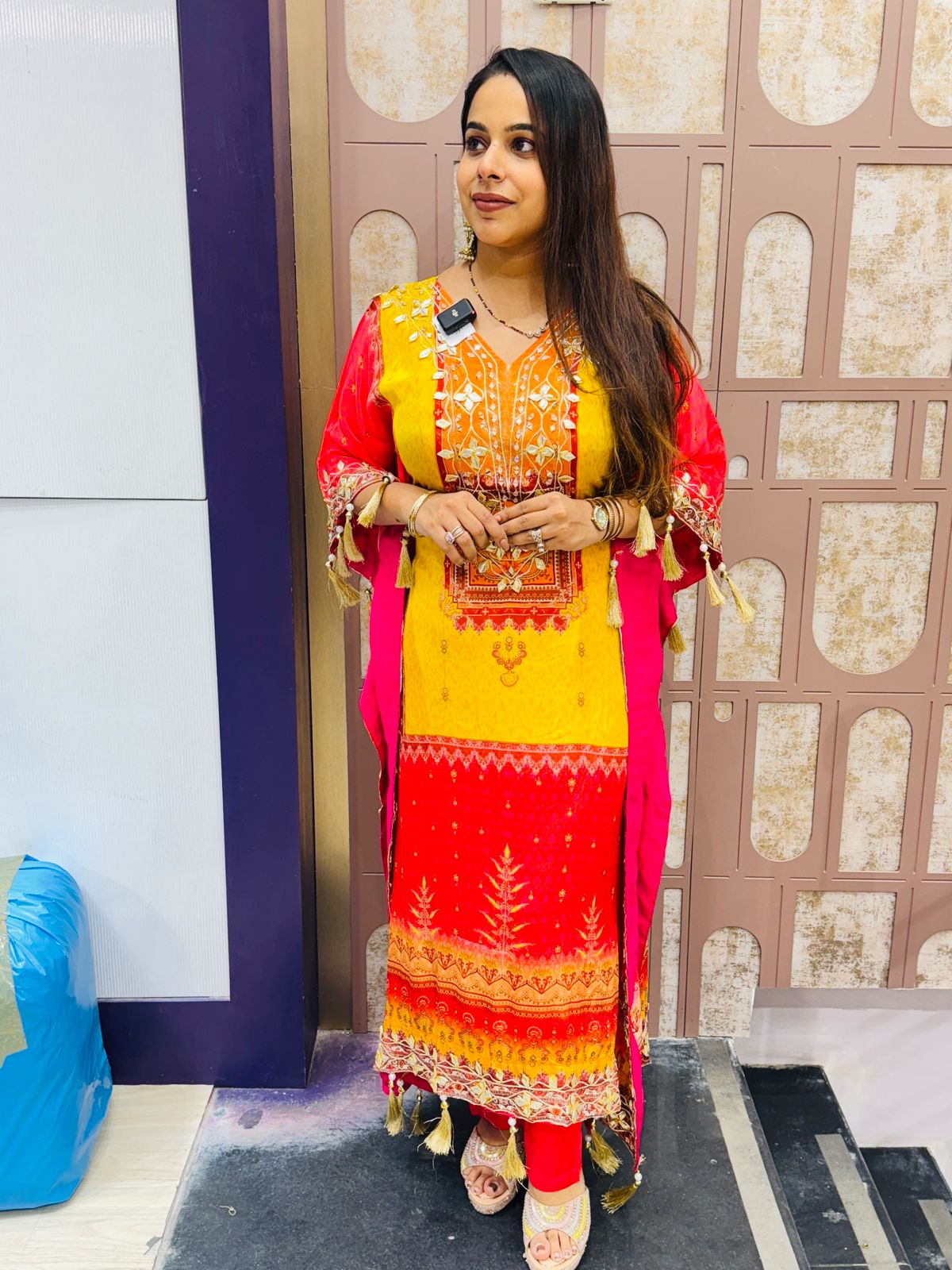 Yellow & Red Ombre Kaftan Suit with Mirror & Thread Embroidery