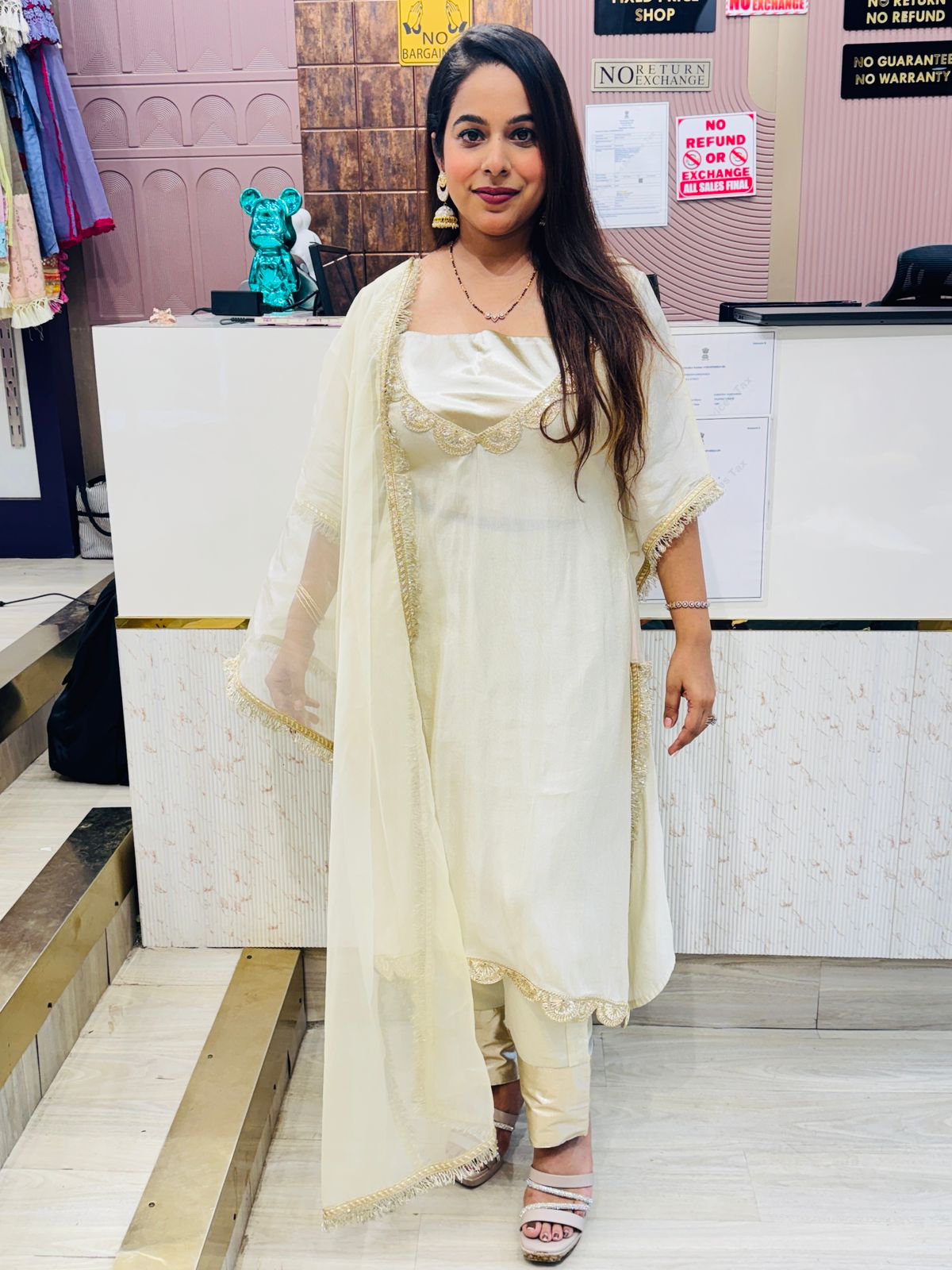 Ivory Gold Stitched Suit in Shimmer Tissue Fabric with Lace Detailing
