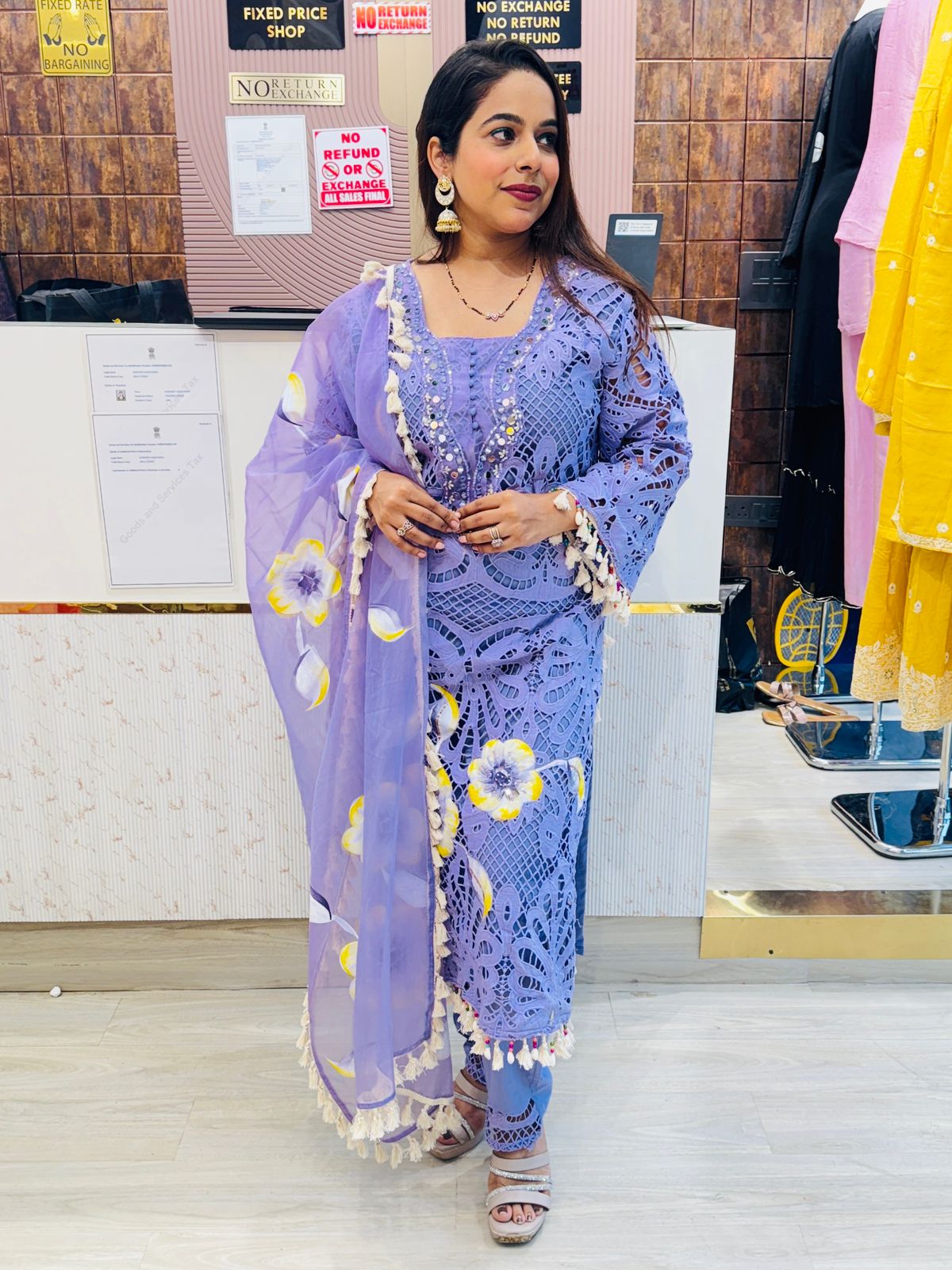 Butterfly Cutwork Stitched Suit with Hand-Painted Floral Detail