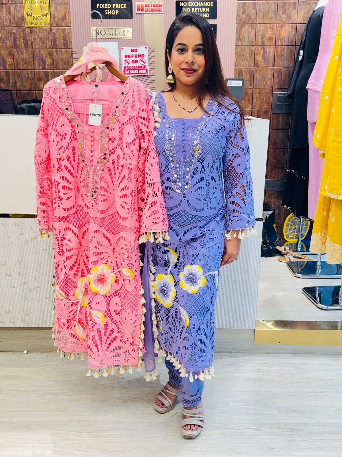 Butterfly Cutwork Stitched Suit with Hand-Painted Floral Detail