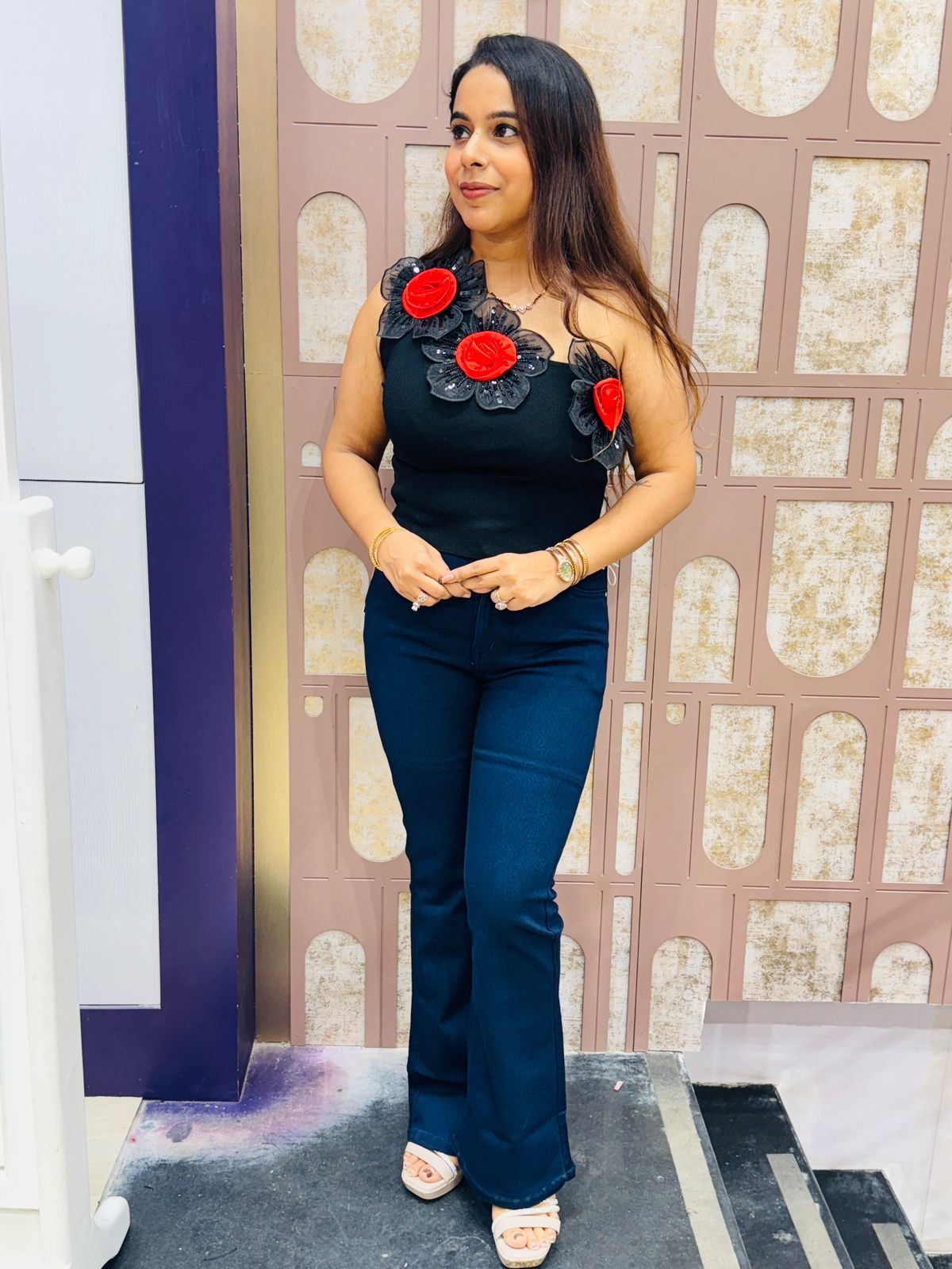 One-Shoulder Free Size Floral Appliqué Top (Red Edition)