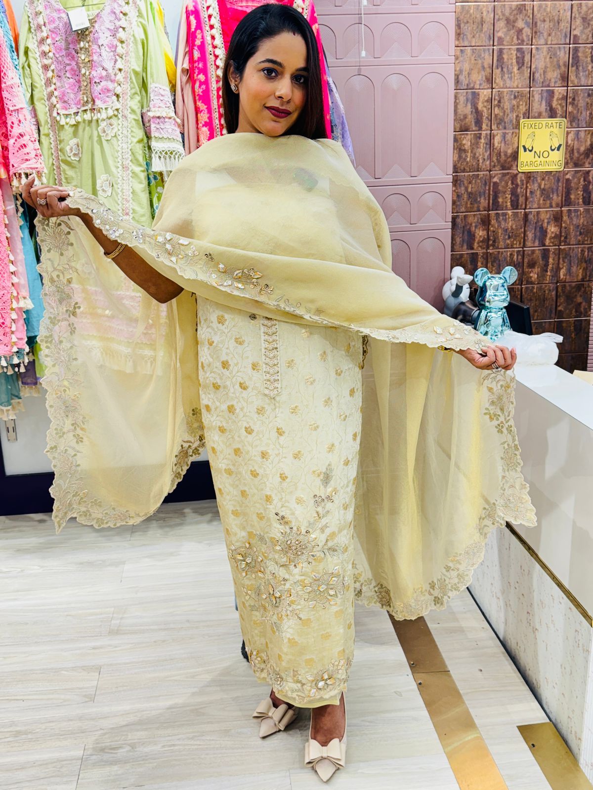 Mirror Work Embroidered Suit Set with Organza Dupatta