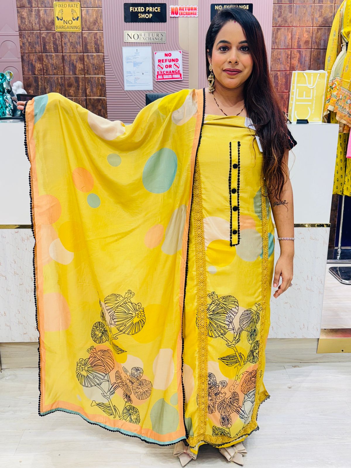 Soft Yellow Mul Cotton Unstitched Suit with Printed Floral Dupatta
