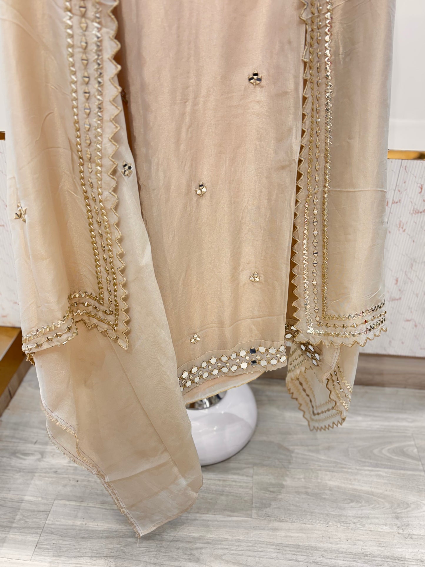 Beige Mirror Work Unstitched Suit Set