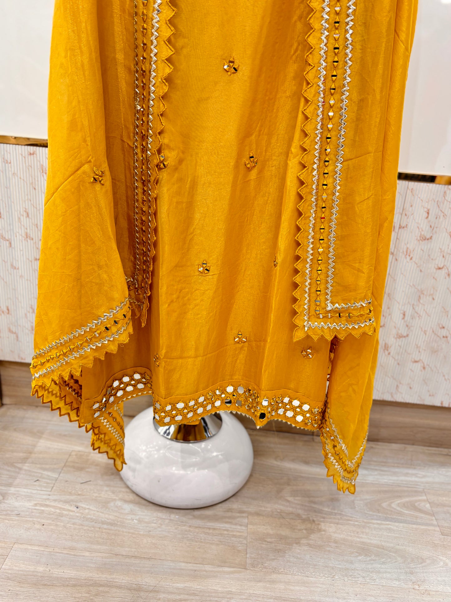Mustard Yellow Mirror Work Unstitched Suit Set