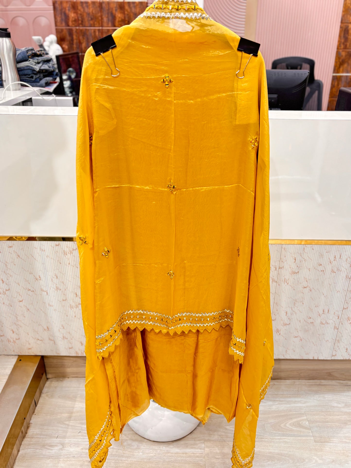 Mustard Yellow Mirror Work Unstitched Suit Set