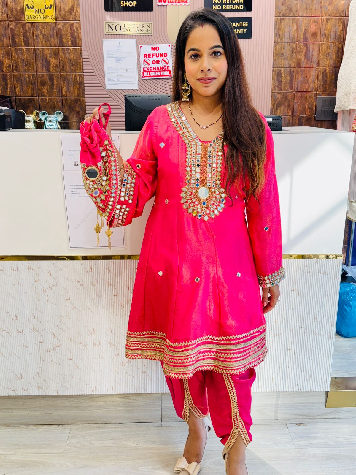 Hot Pink Short Anarkali Set with Tulip Pants with Matching Mirror Work Potli