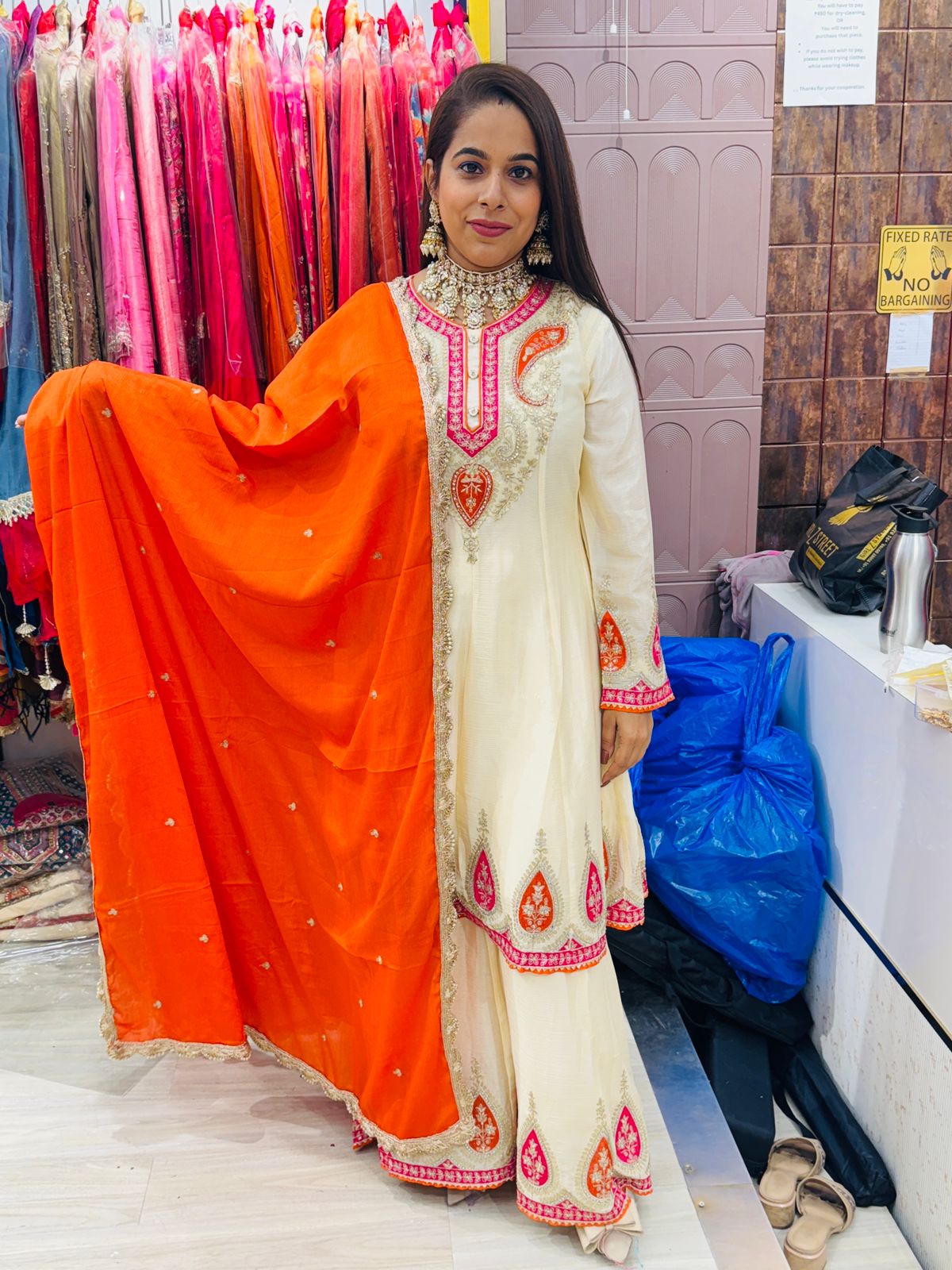 "Ishqana"- Ivory Anarkali Suit with Orange Dupatta & Embroidery Work