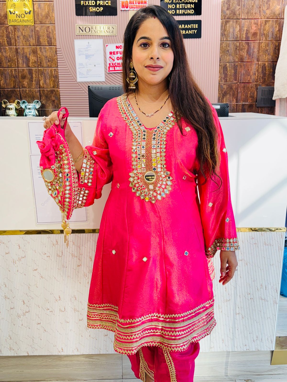 Hot Pink Short Anarkali Set with Tulip Pants with Matching Mirror Work Potli