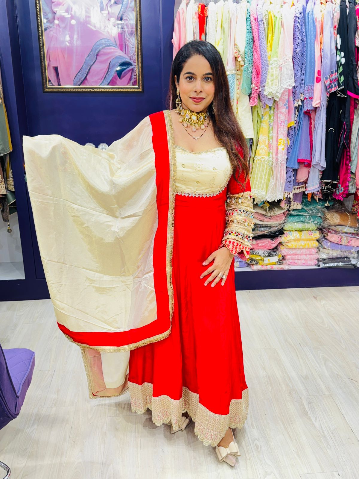 Red & Beige Crepe Fabric Anarkali Suit with Heavy Sleeves