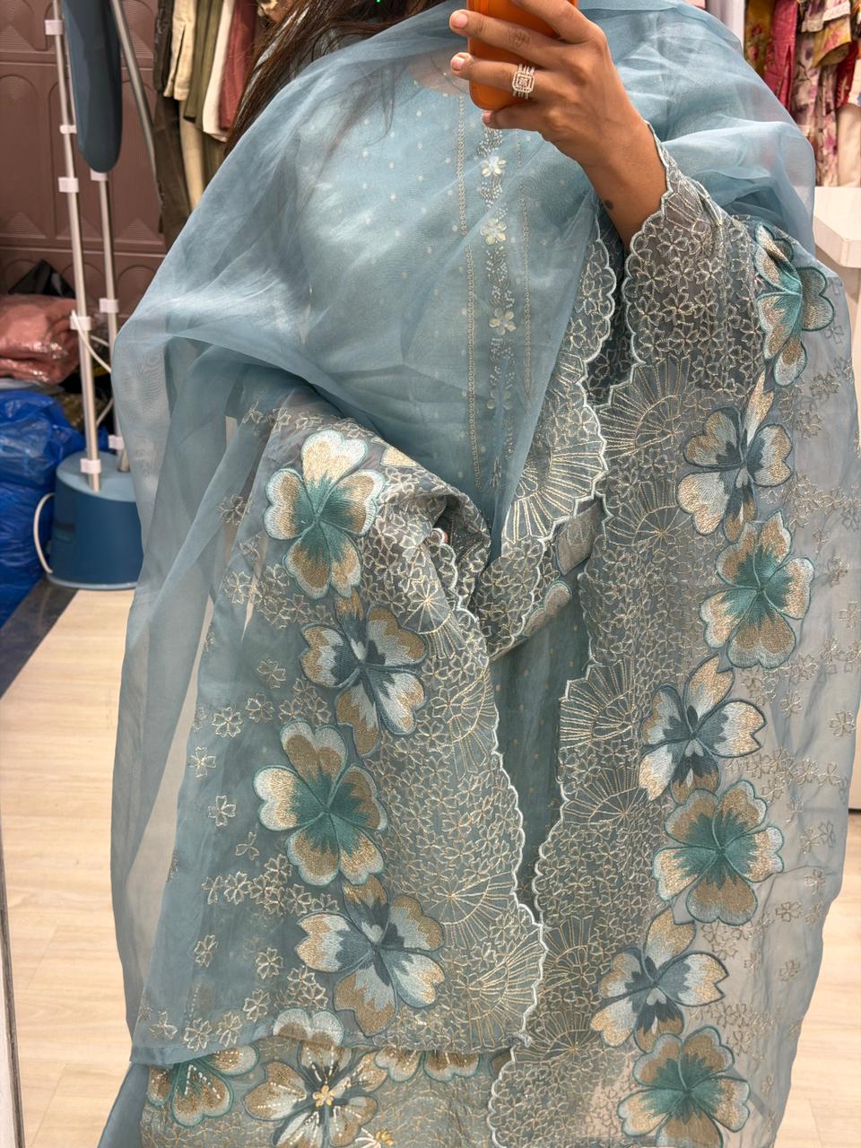"Rangriti" - Elegant Sky Blue Embroidered Suit with Heavy Dupatta
