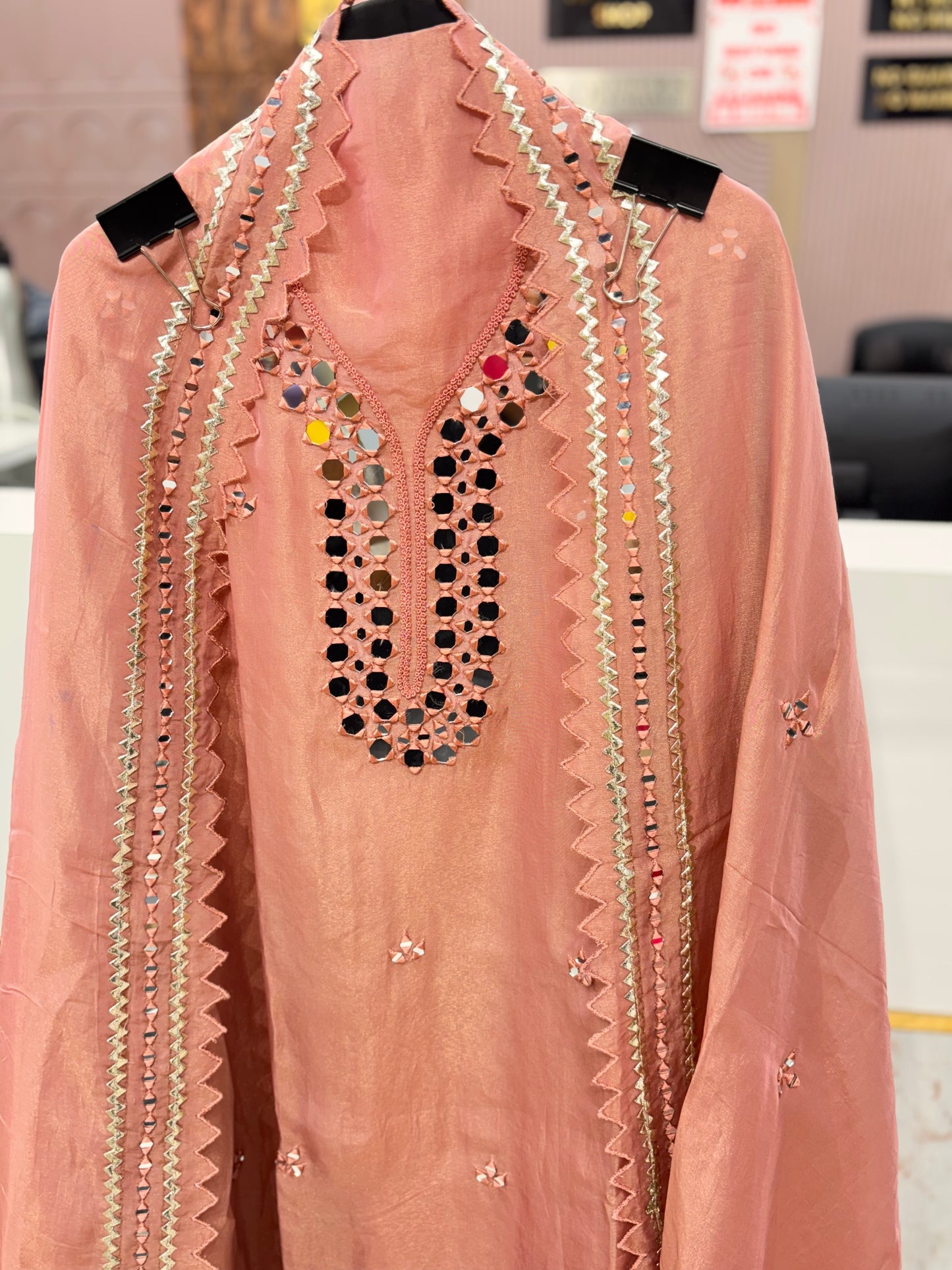 Peach Mirror Work Unstitched Suit Set