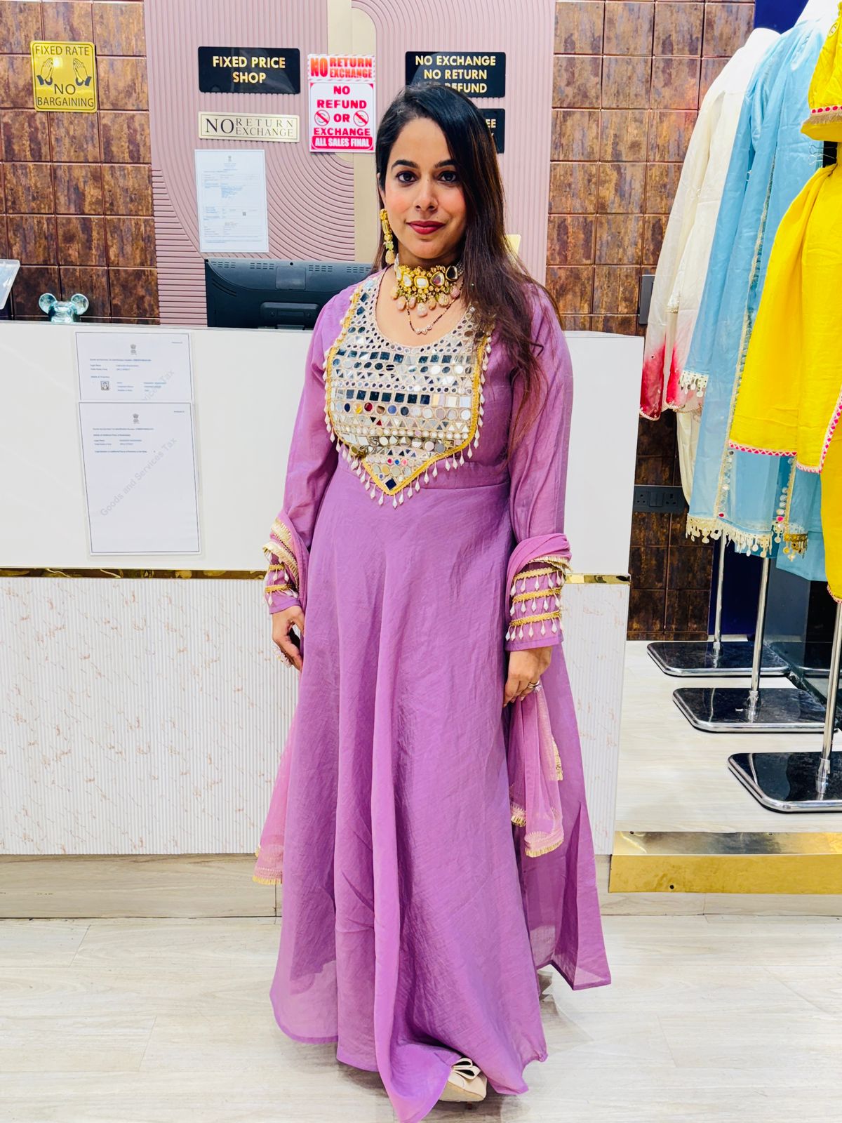 Lavender Anarkali with Mirror Work & Dupatta