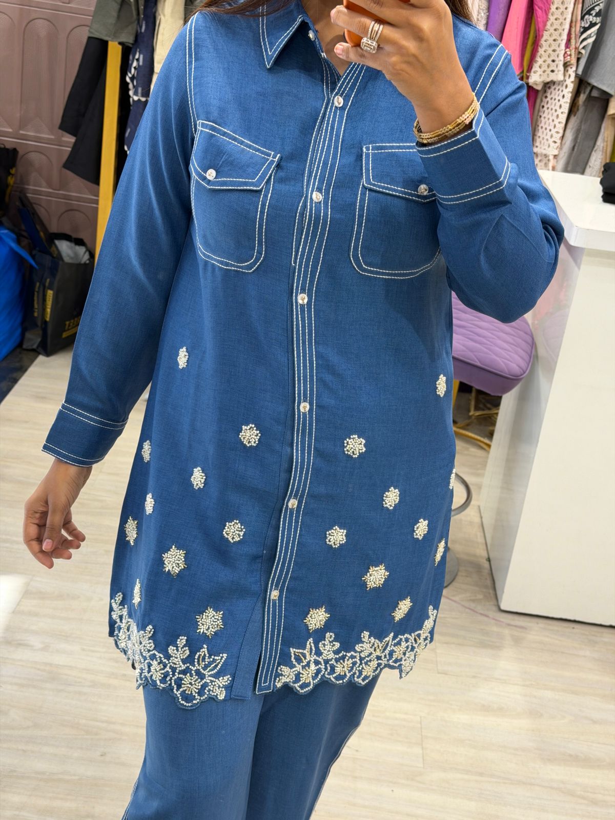 "Vira" - Denim Style Embroidered Two Piece Co-Ord Set