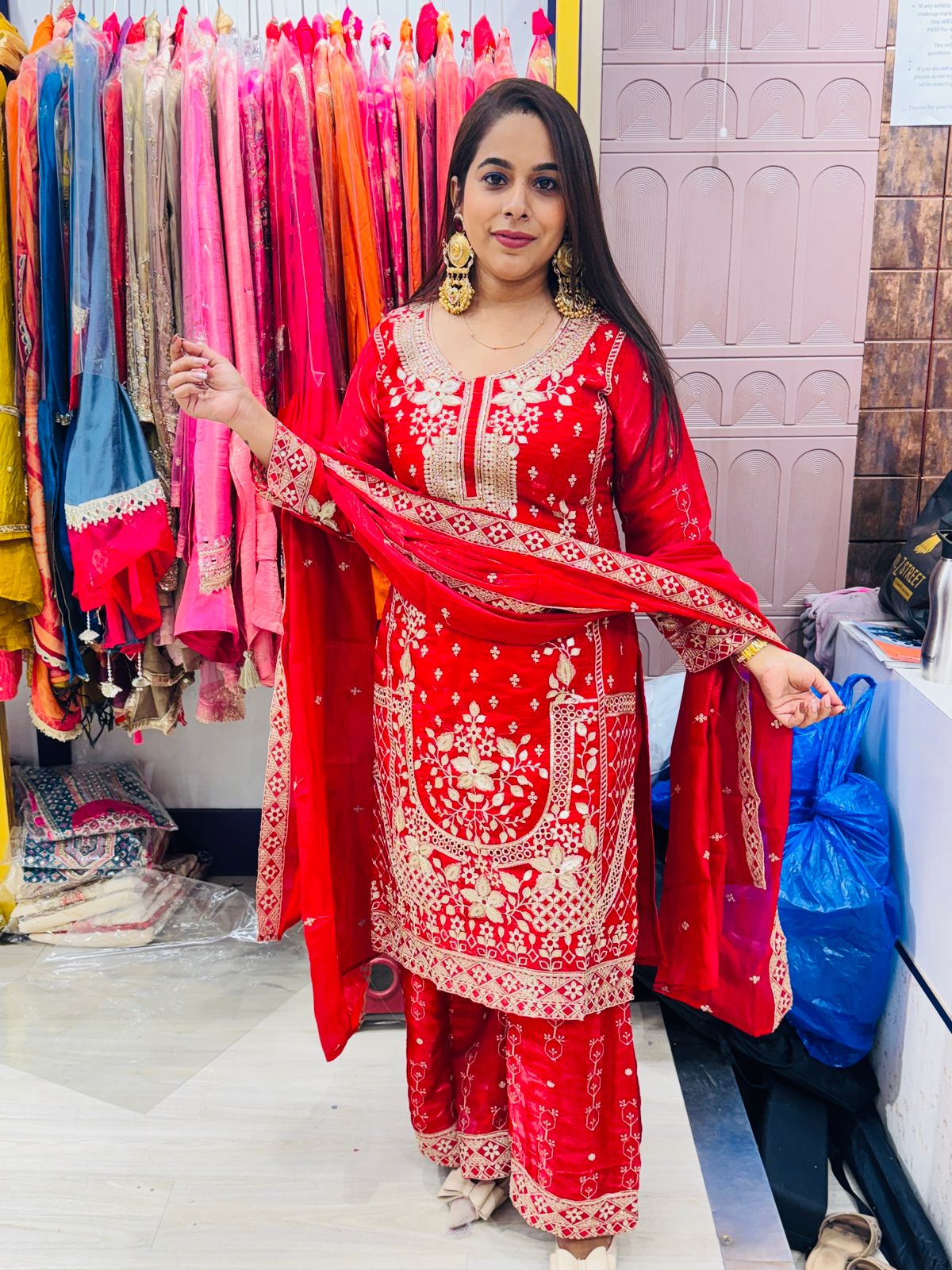 "Laali"- 3 Piece Red Base with Golden Embroidery Suit Set