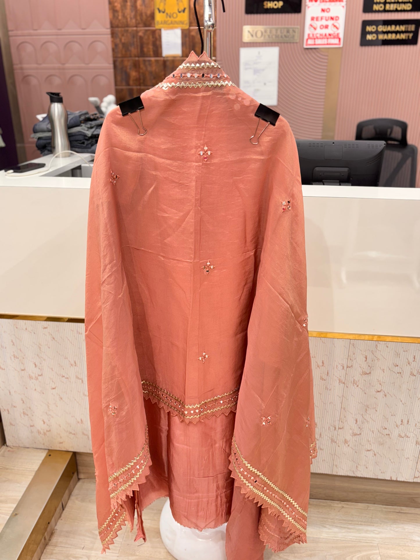 Peach Mirror Work Unstitched Suit Set
