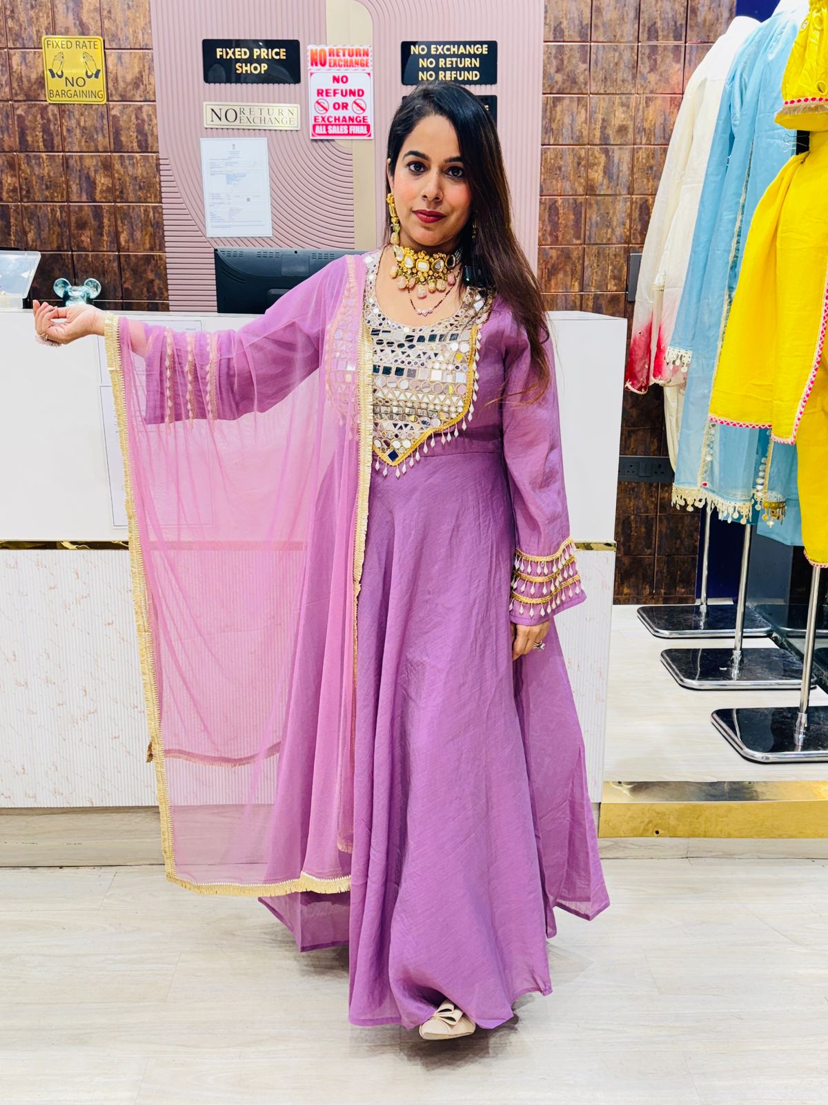 Lavender Anarkali with Mirror Work & Dupatta