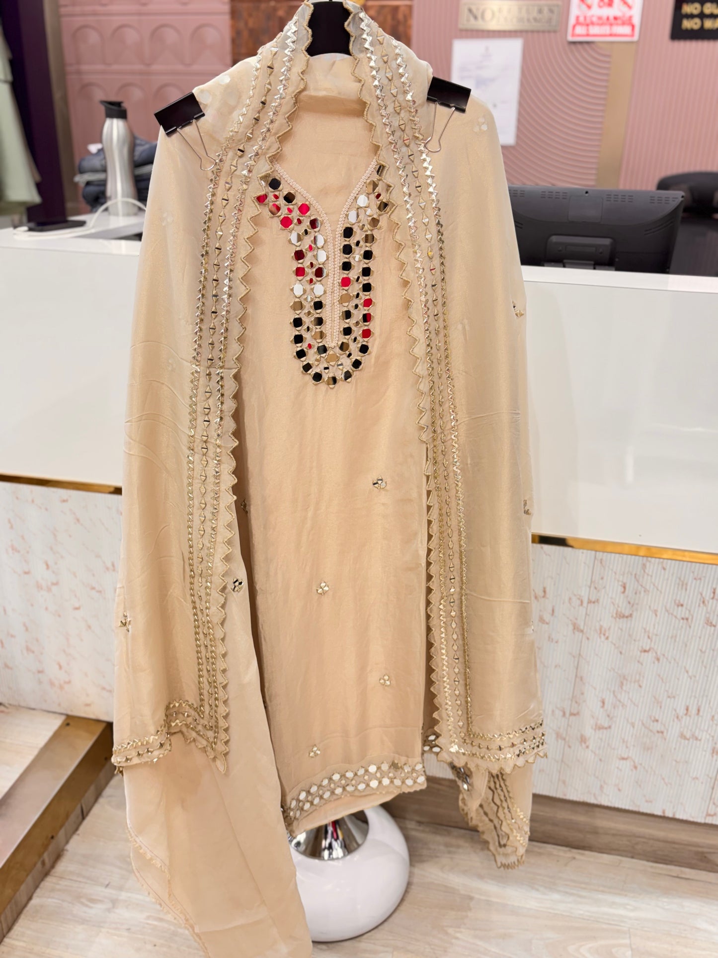 Beige Mirror Work Unstitched Suit Set