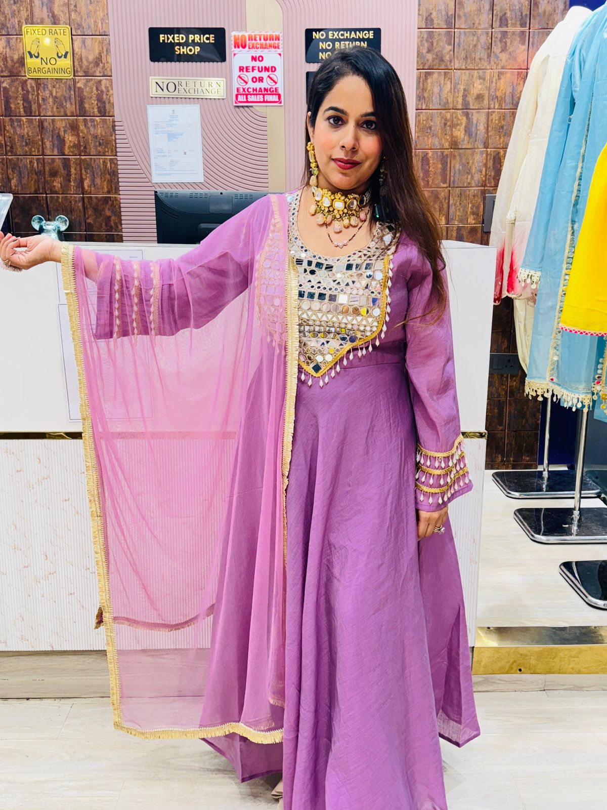 Lavender Anarkali with Mirror Work & Dupatta