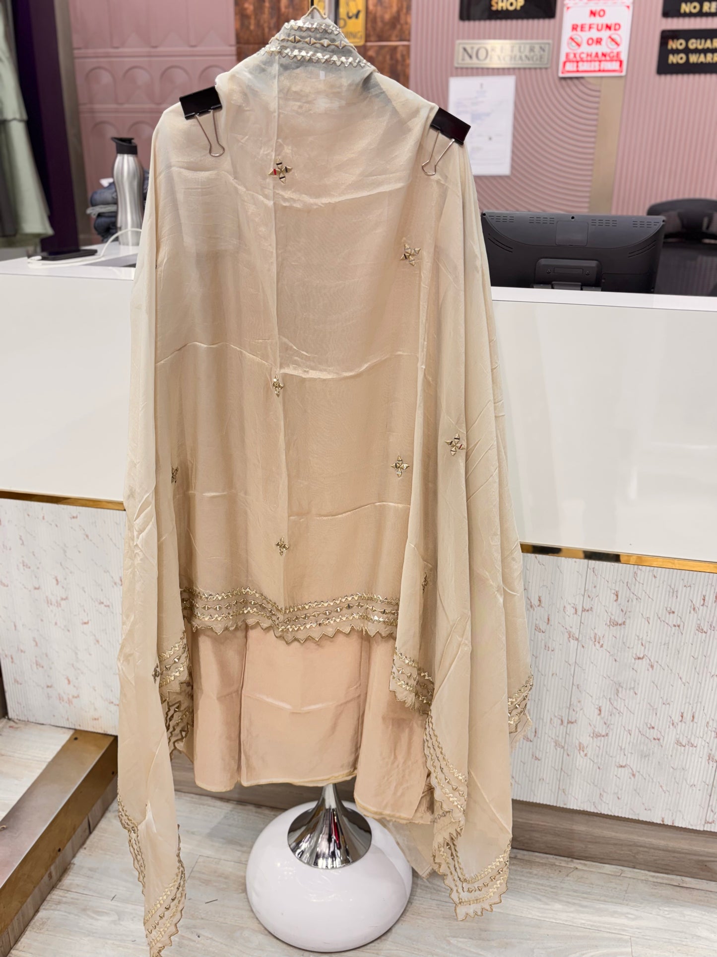 Beige Mirror Work Unstitched Suit Set