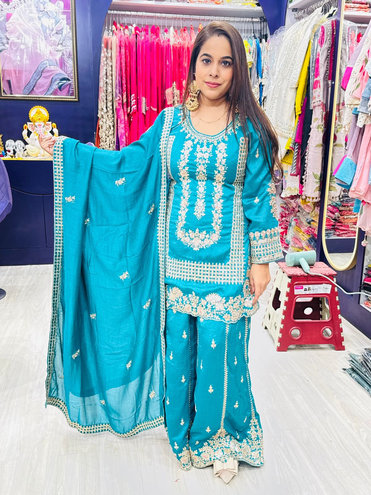 "Sunehri Rangrez"- 3 Piece Teal Blue Base with Ivory Embroidery Suit Set