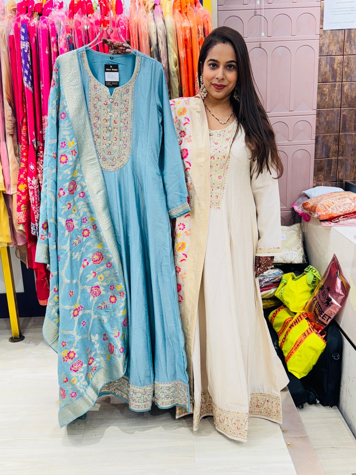 "Kashmeerah"- Embroidered Anarkali Suit Set With Floral Embroidered Dupatta (Available in 2 variants)