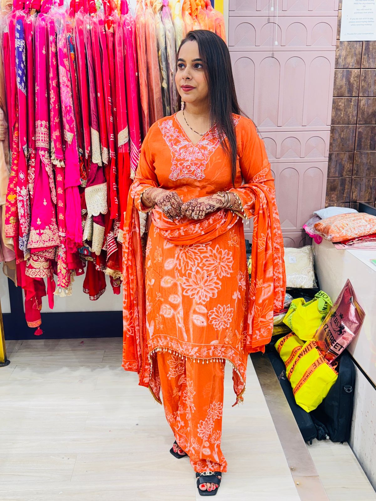 "Zohra"- 3 Piece Designer Suit Set with Dupatta & Tassel Detailing in Vibrant Orange