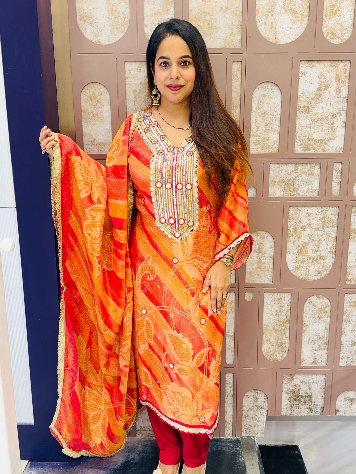 Vibrant Orange & Red Pure Crepe Stitched Suit with Dupatta