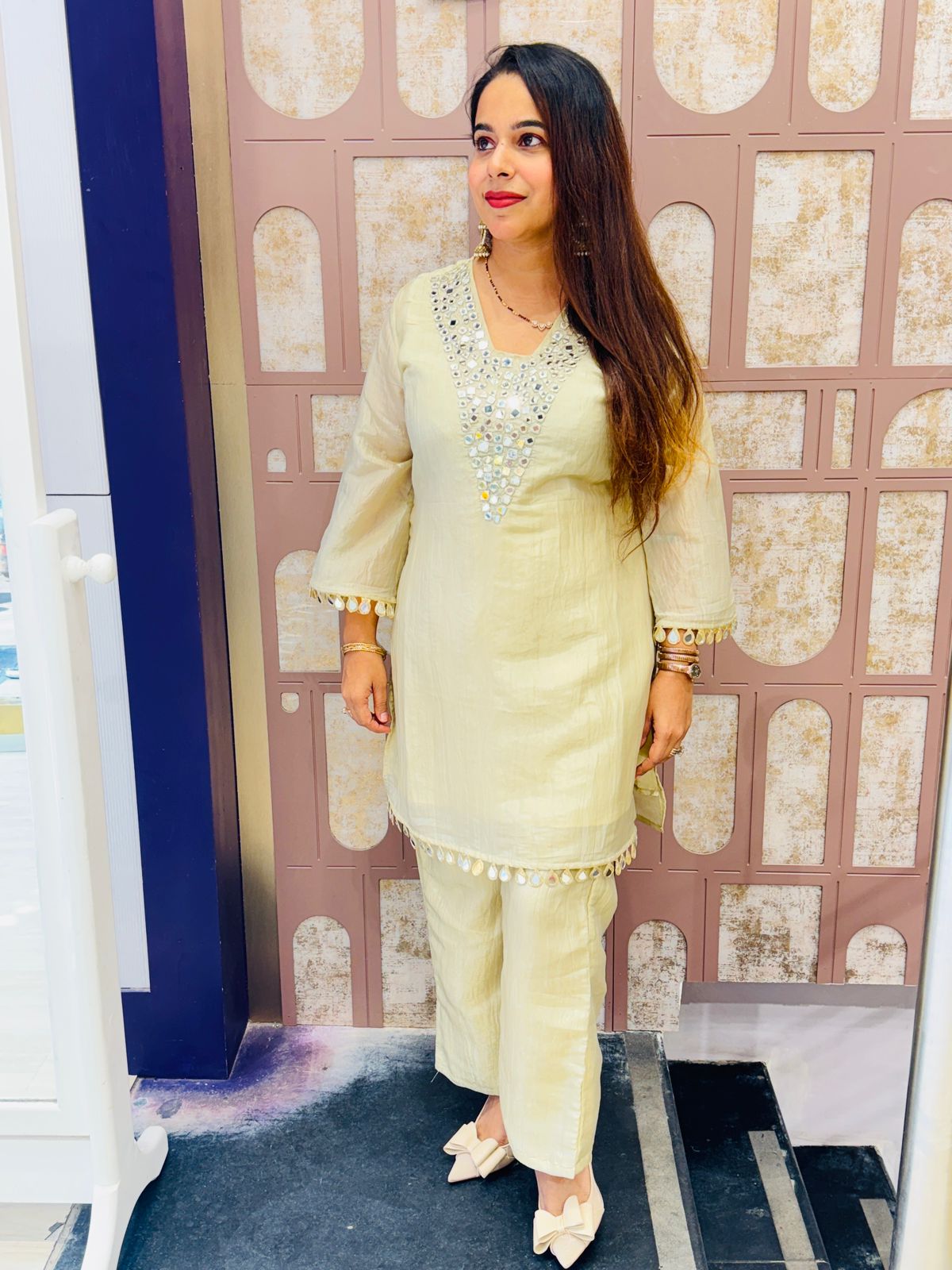 Elegant Beige Co-ord Set with Mirror Work Detailing