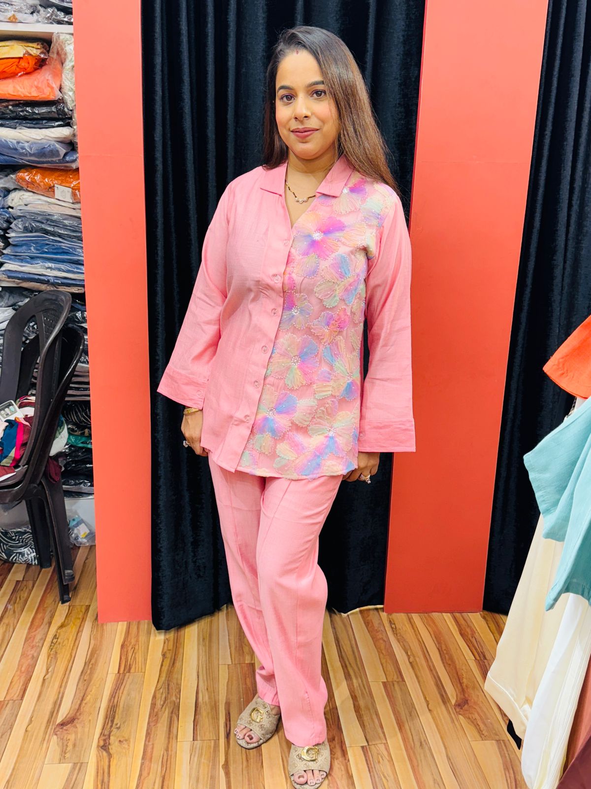 Pastel Pink Cotton Co-ord Set with Abstract Sequin Embellishment