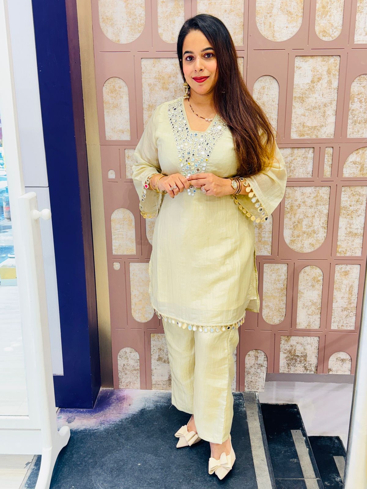 Elegant Beige Co-ord Set with Mirror Work Detailing