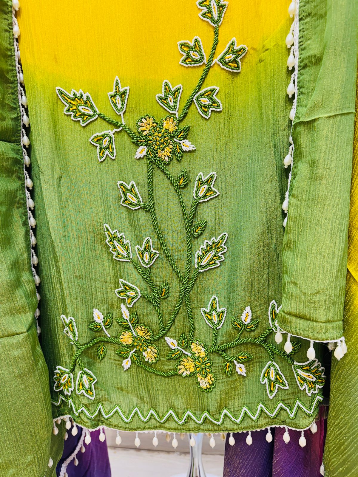 Yellow-Green Crushed Tissue Unstitched Suit with Embroidery