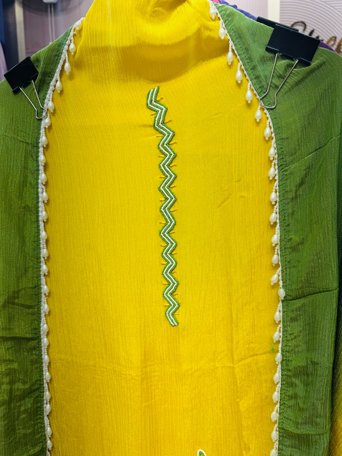 Yellow-Green Crushed Tissue Unstitched Suit with Embroidery