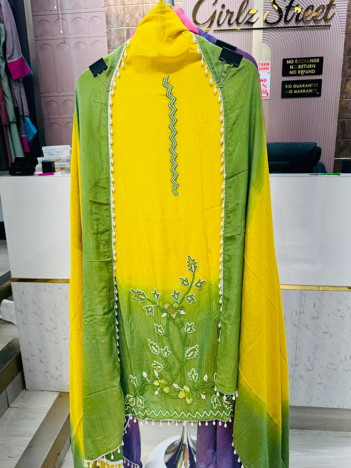 Yellow-Green Crushed Tissue Unstitched Suit with Embroidery