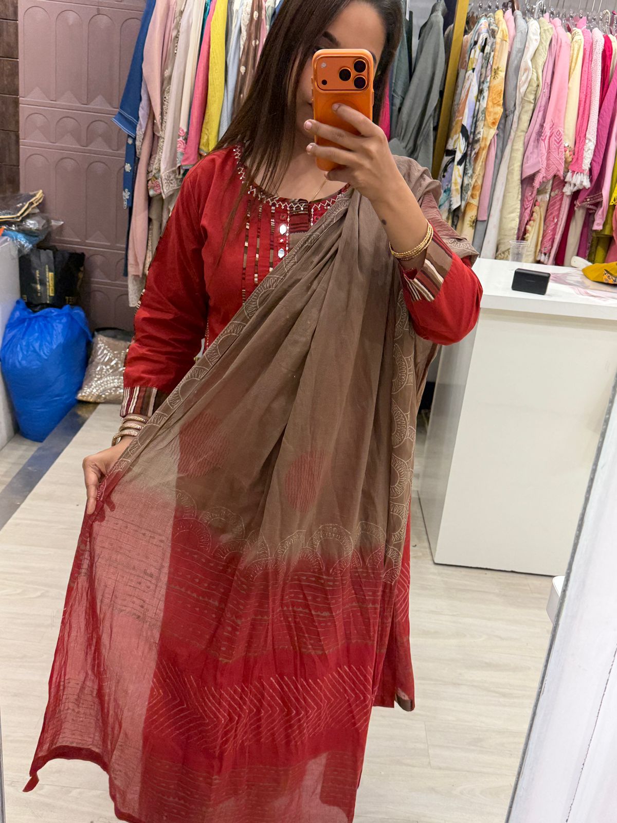 "Kesari" - Rust Red Suit Set with Pockets and Dual Shade Dupatta