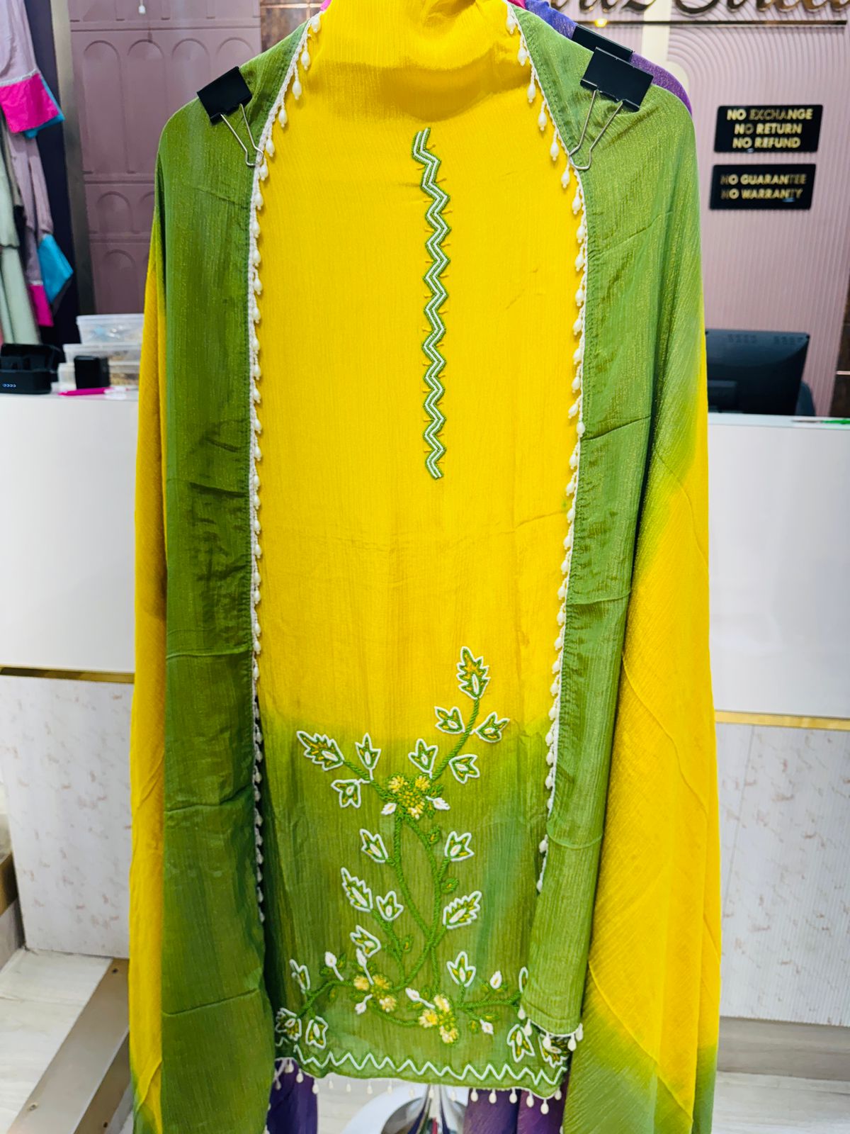 Yellow-Green Crushed Tissue Unstitched Suit with Embroidery