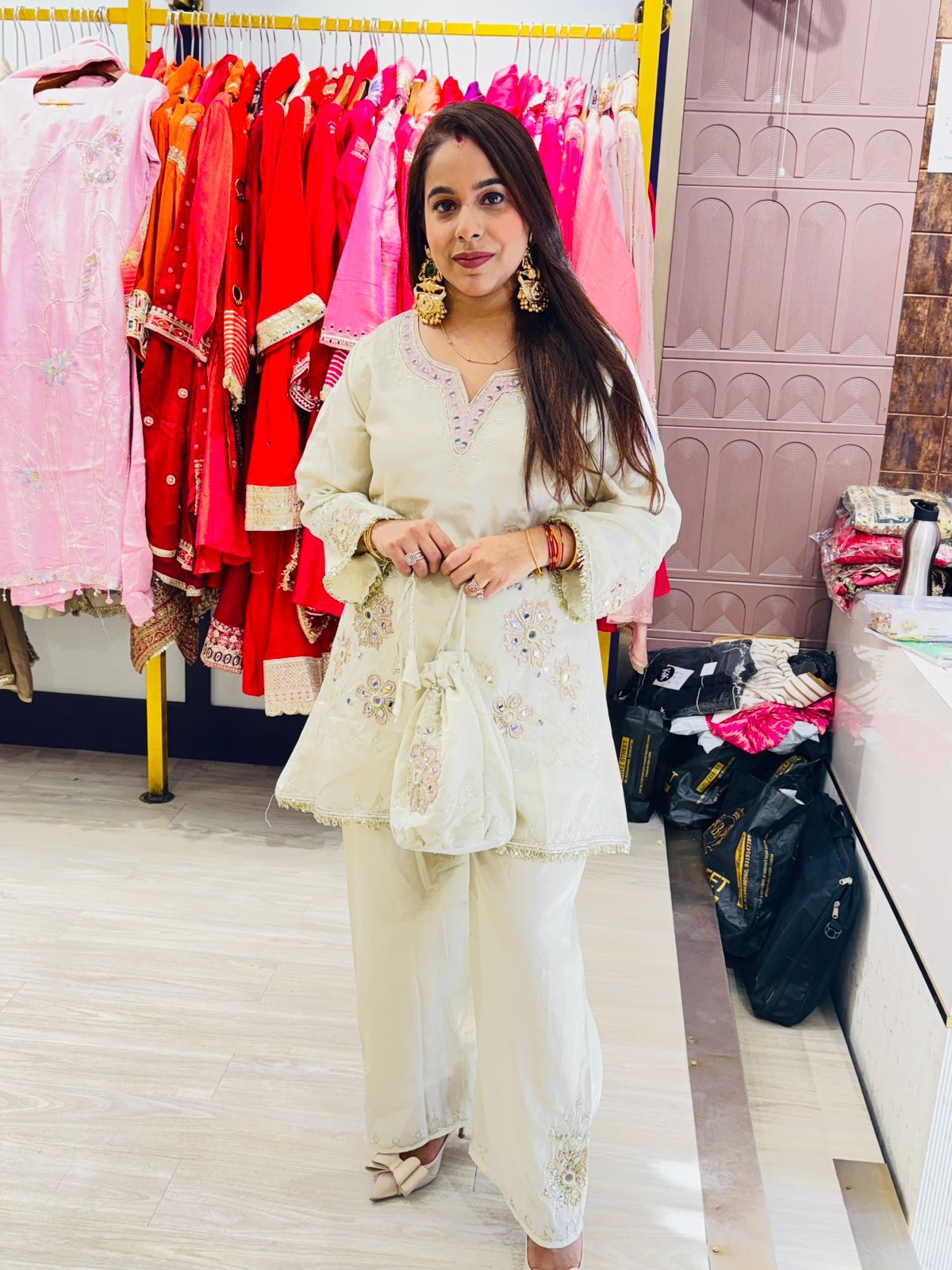 "Zahira"- 3 Piece Ivory Beige Co-ord Set with Potli Bag