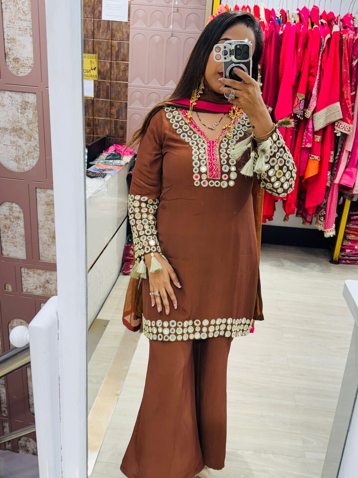 Brown Color Stitched Suit with Mirror Work Detailling & Dupatta