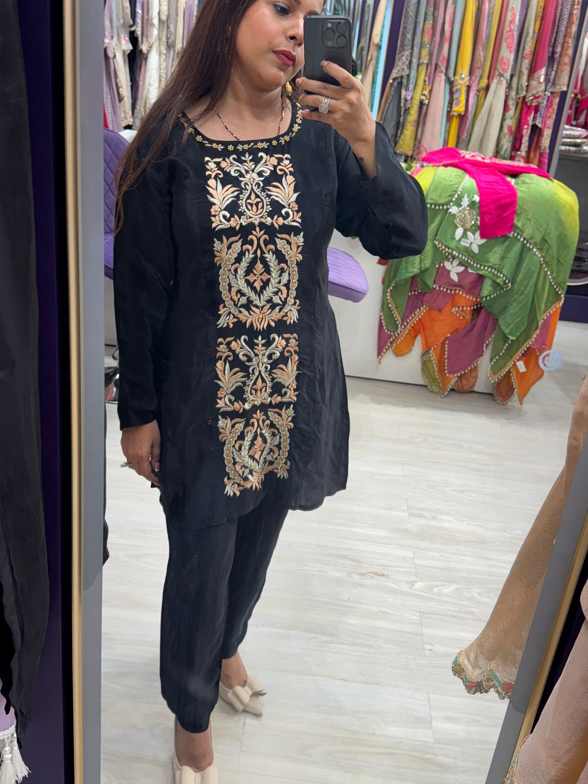 Black Two Piece Pure Crepe Co-ord Set with full Vertical Embroidery