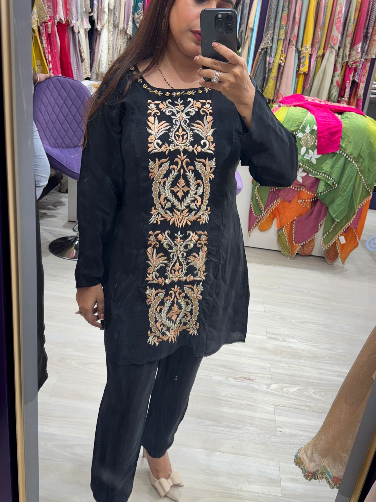 Black Two Piece Pure Crepe Co-ord Set with full Vertical Embroidery
