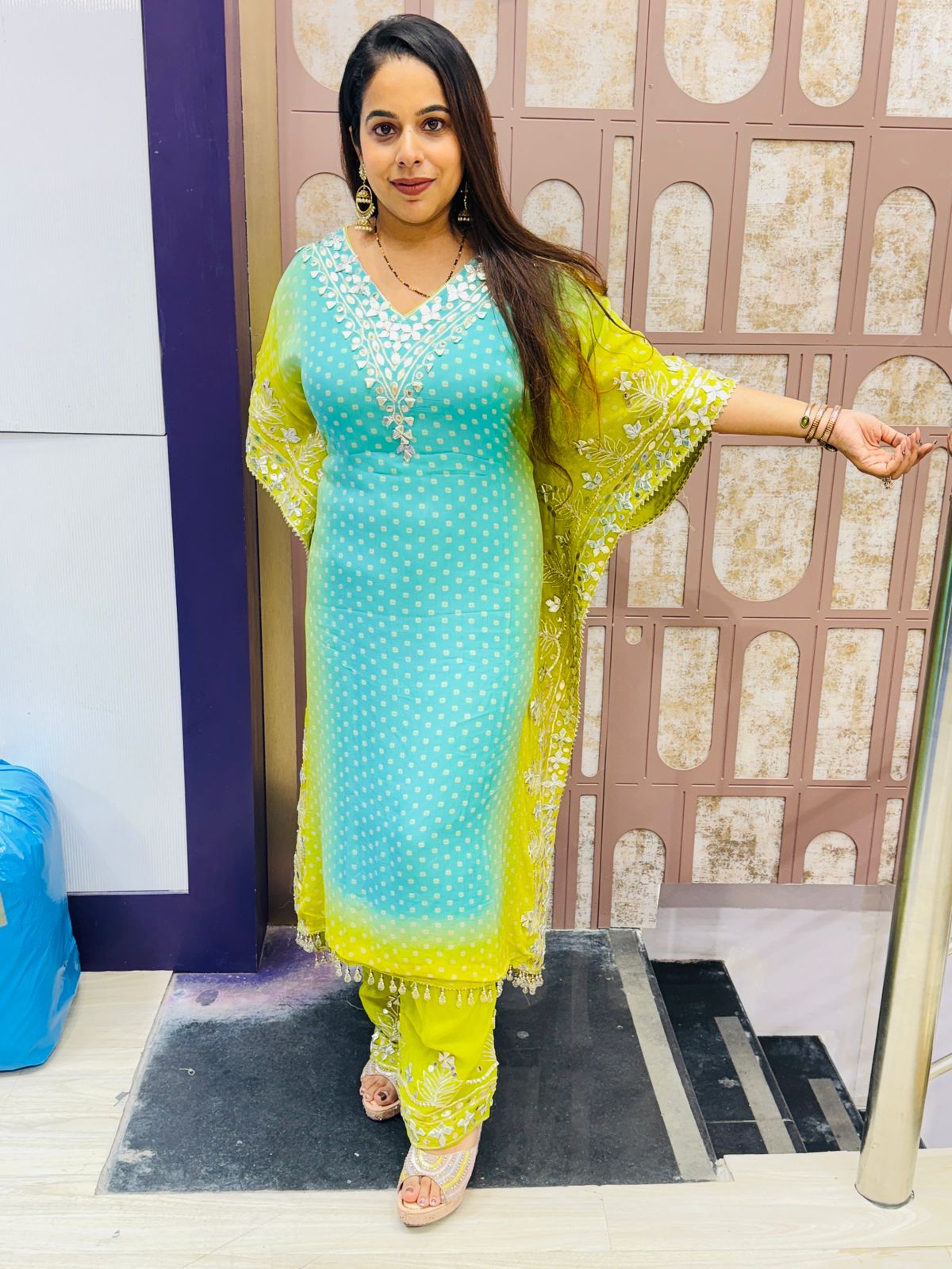 Aqua Blue & Lime Green Polka Dot Kaftan Suit with Thread Embroidery