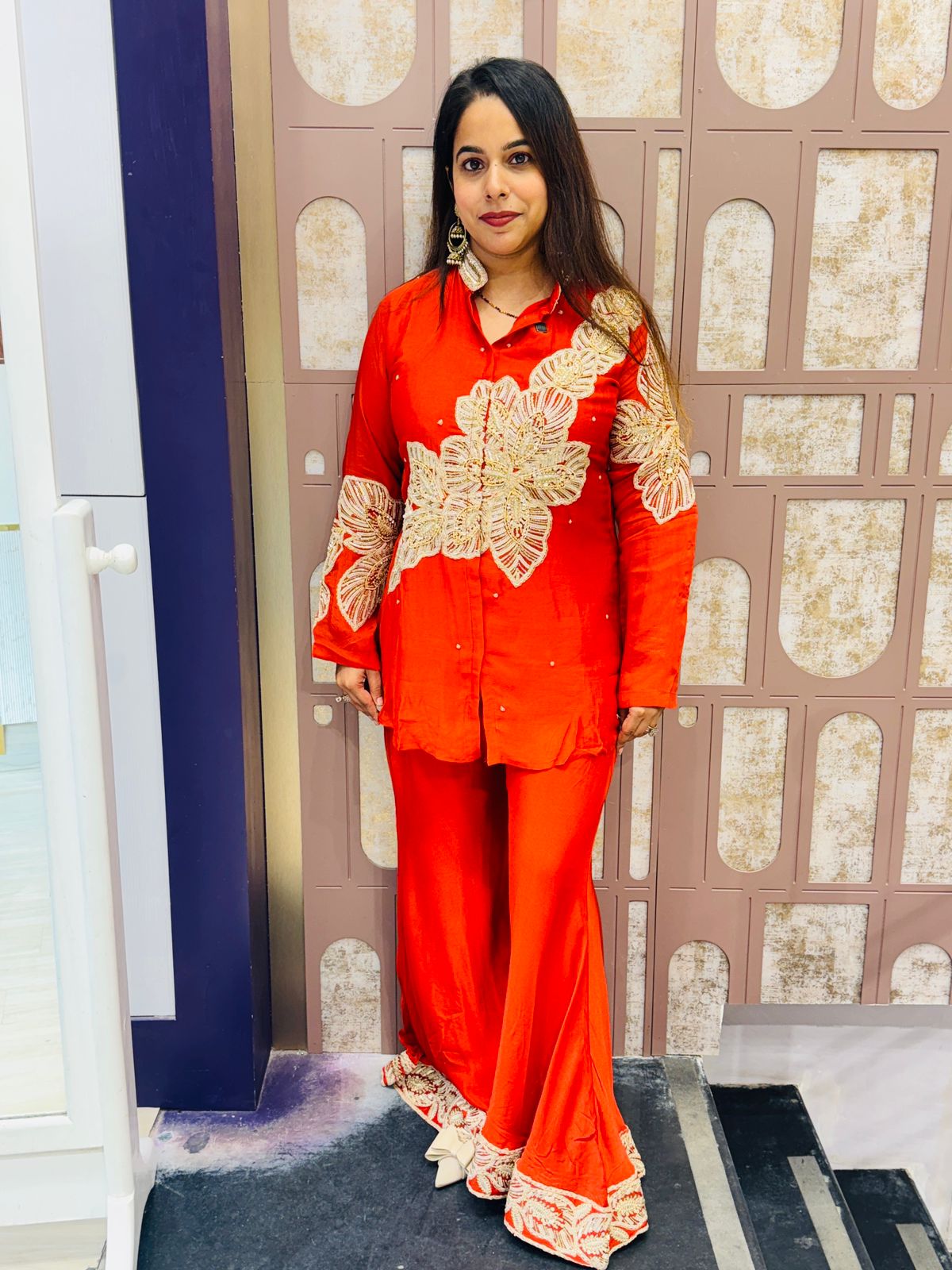 Red Chinon Co-ord Set with Heavy Embroidery