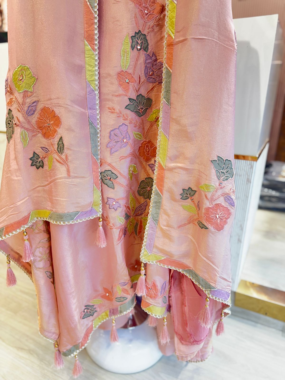 Peach Multicolor Embroidered Unstitched Suit with Tassel Detailing