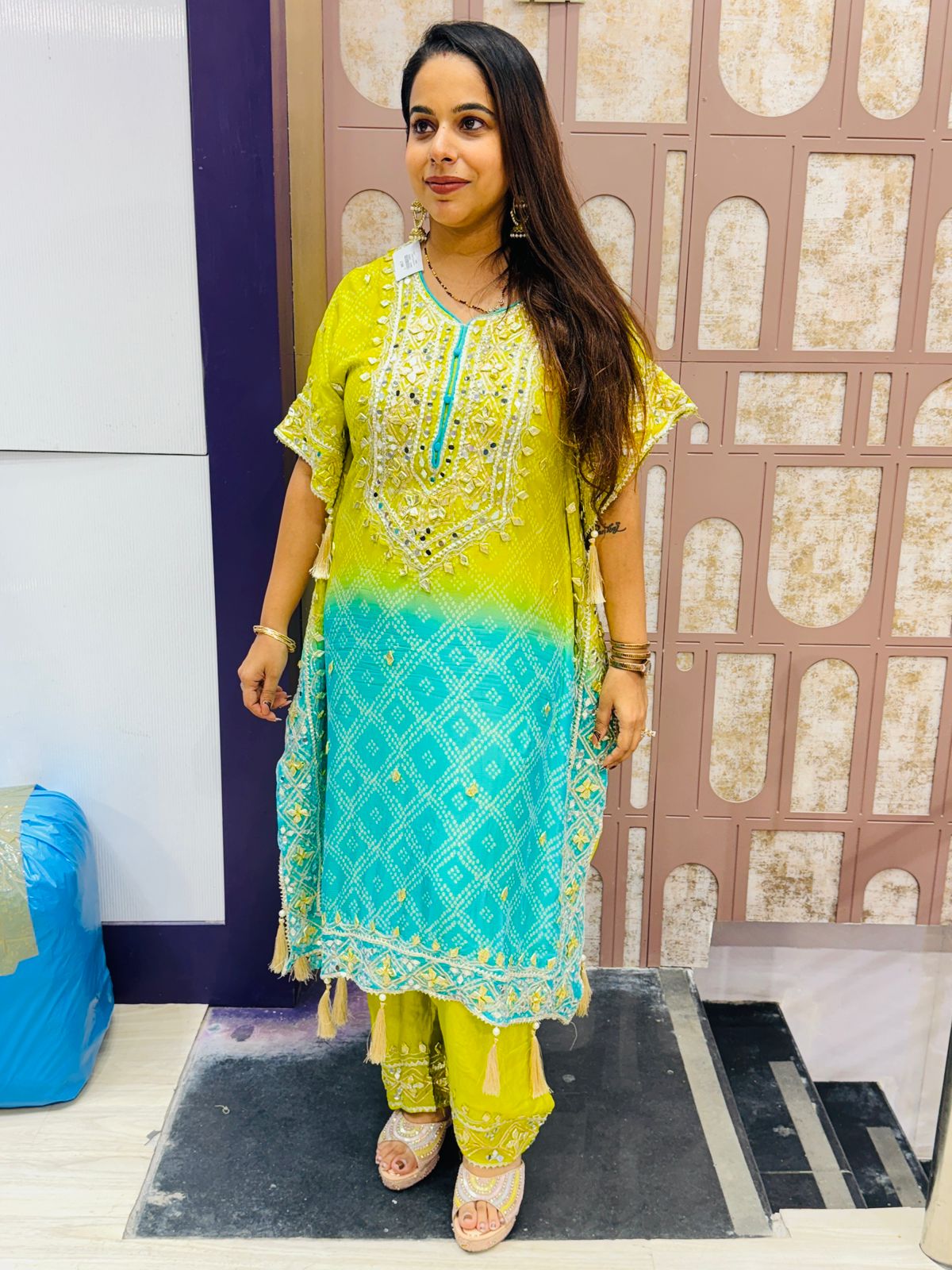 Lime Green & Aqua Blue Geometric Embroidered Kaftan Suit